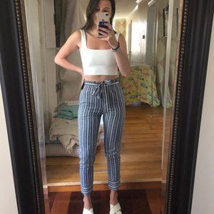 Belted Striped High Waisted Tapered Pants